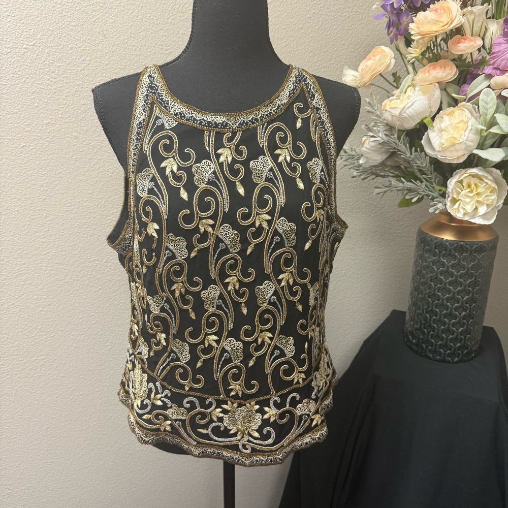 Papell Boutique Black Gold Beaded Silk Tank | Elegant Holiday Evening Top XL